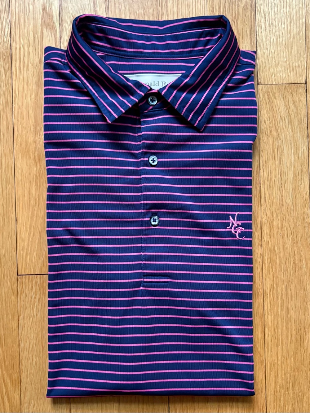 Donald Ross Men’s Short Sleeve Performance Polo Shirt Large Blue Pink Stripes